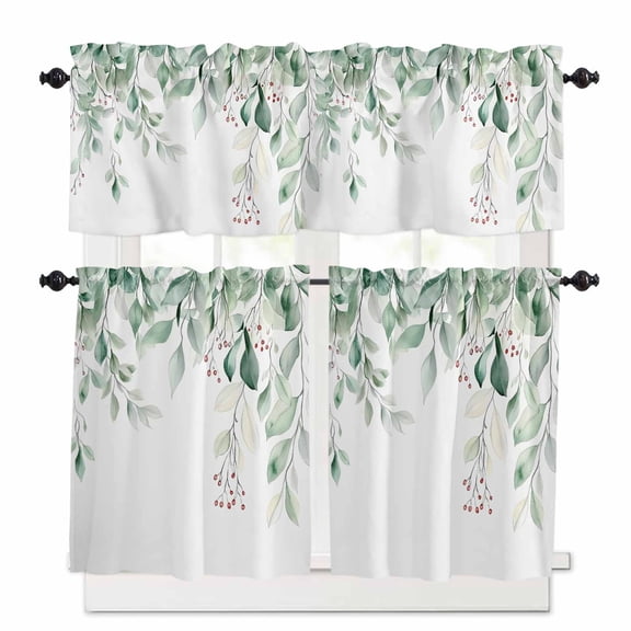 Sage Green Kitchen Curtains Valances and Tiers Set of 3, 24 Inch Length Tier Curtains and Valance Rod Pocket Valance Curtains Set for Kitchen Bathroom Small Windows