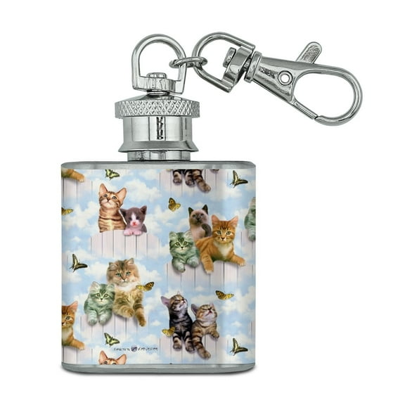 Kittens Cats and Butteflies Pattern Stainless Steel 1oz Mini Flask Key Chain