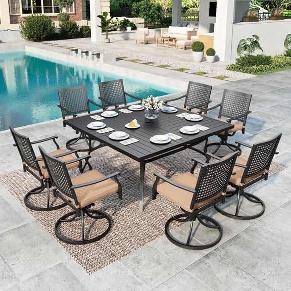 SUMMIT LIVING 9-Piece Outdoor Patio Dining Set with Large Metal Steel Square Table with Umbrella Hole & Swivel Chairs with Cushions (Weight Capacity 350 lbs) for 8-Person, Black & Brown