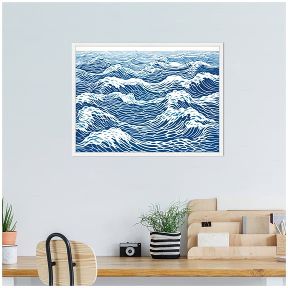 Kate and Laurel Linocut Abstract Waves Blue and White Framed Canvas Wall Art by The Creative Bunch Studio 24 x 18 Sylvie White, Coastal, Abstract, Beach Art for Wall Decor, Living Room, Bedroom
