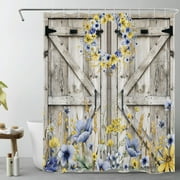 Farmhouse Barn Door Shower Curtain for Bathroom,Blue and Yellow Floral Wreath on Rustic Vintage Wood Fabric Shower Curtain with Hooks,Western Country Bathroom Curtain Shower Set, 60x72 inches