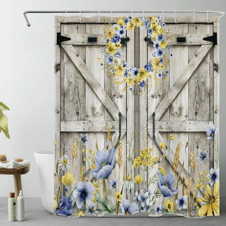 Farmhouse Barn Door Shower Curtain for Bathroom,Blue and Yellow Floral Wreath on Rustic Vintage Wood Fabric Shower Curtain with Hooks,Western Country Bathroom Curtain Shower Set, 60x72 inches