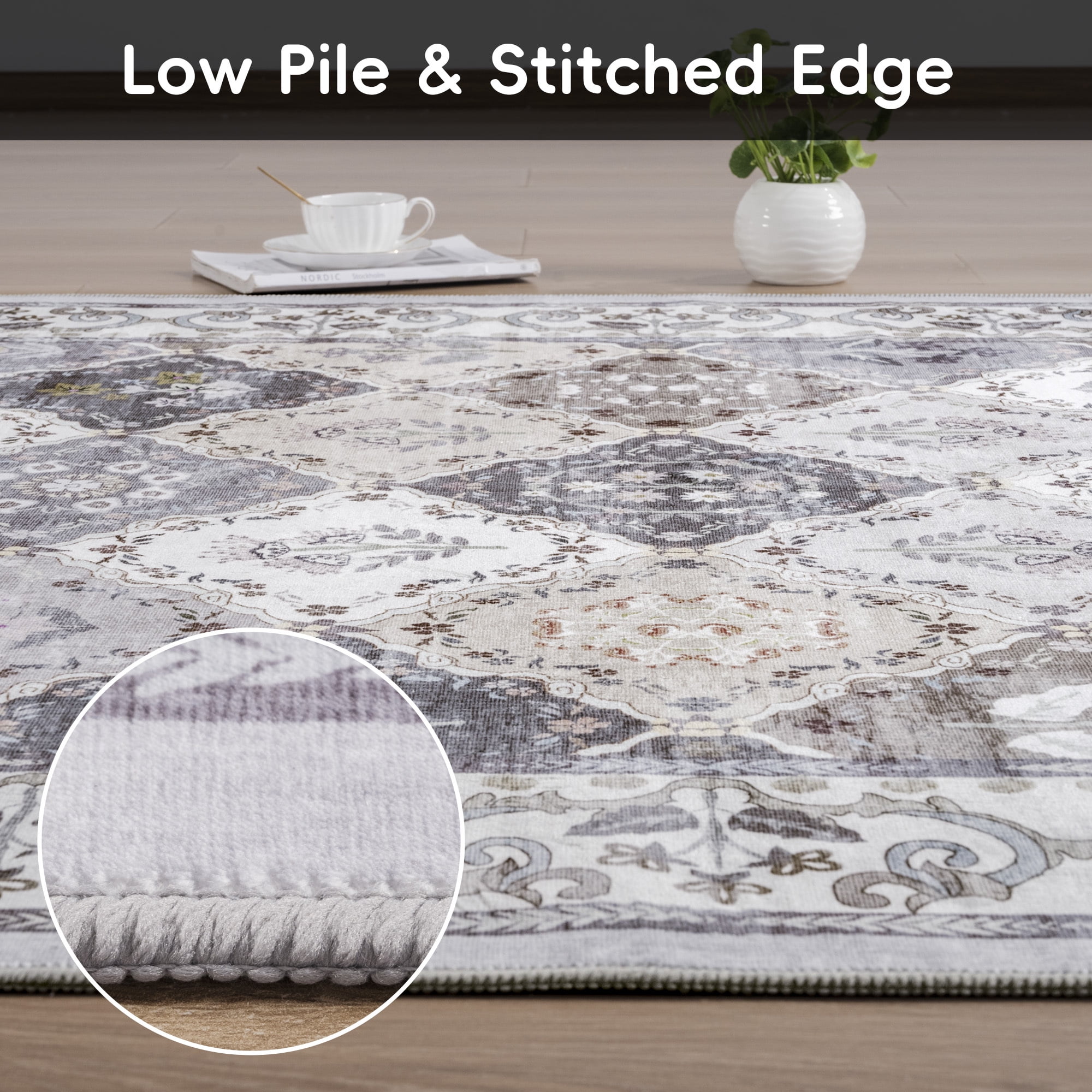 Wondo Moroccan Vintage Trellis Area Rug - Machine Washable Non-Slip Low-Profile 5x8 Floor Carpet for Living Room, Bedroom, Dining Room, Office & Nursery, Gray
