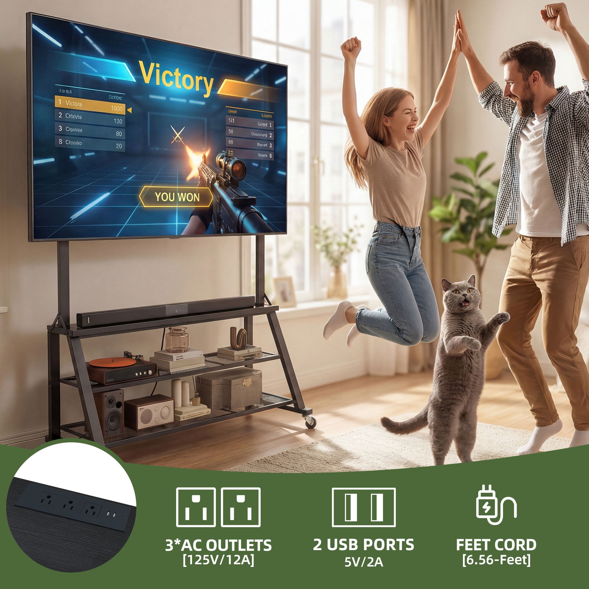 Uforic 46"W Rolling TV Stand with Lockable Wheels & Power Outlets, Mobile Cart for 32-75 Inch TVs, Black Oak