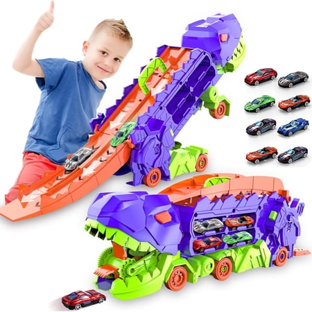City Dinosaur Ultimate Hauler Track Toy for Boys, Transforms into Stomping Dinosaur with Race Track Ultimate Transporter Hauler Toddler Toys Gifts for Kids Ages 3 4 5 6 Years Old(4 Cars)