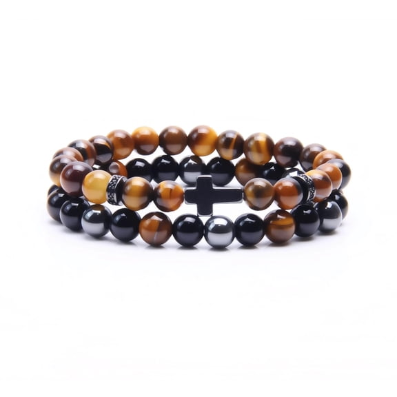Cross Bracelet for Men - Black Obsidian Hematite Tiger Eye Triple Protection Bracelet Set 8MM Stretch Beaded Bracelets Faith Jewelry Gift for Men Boyfriend Husband Son