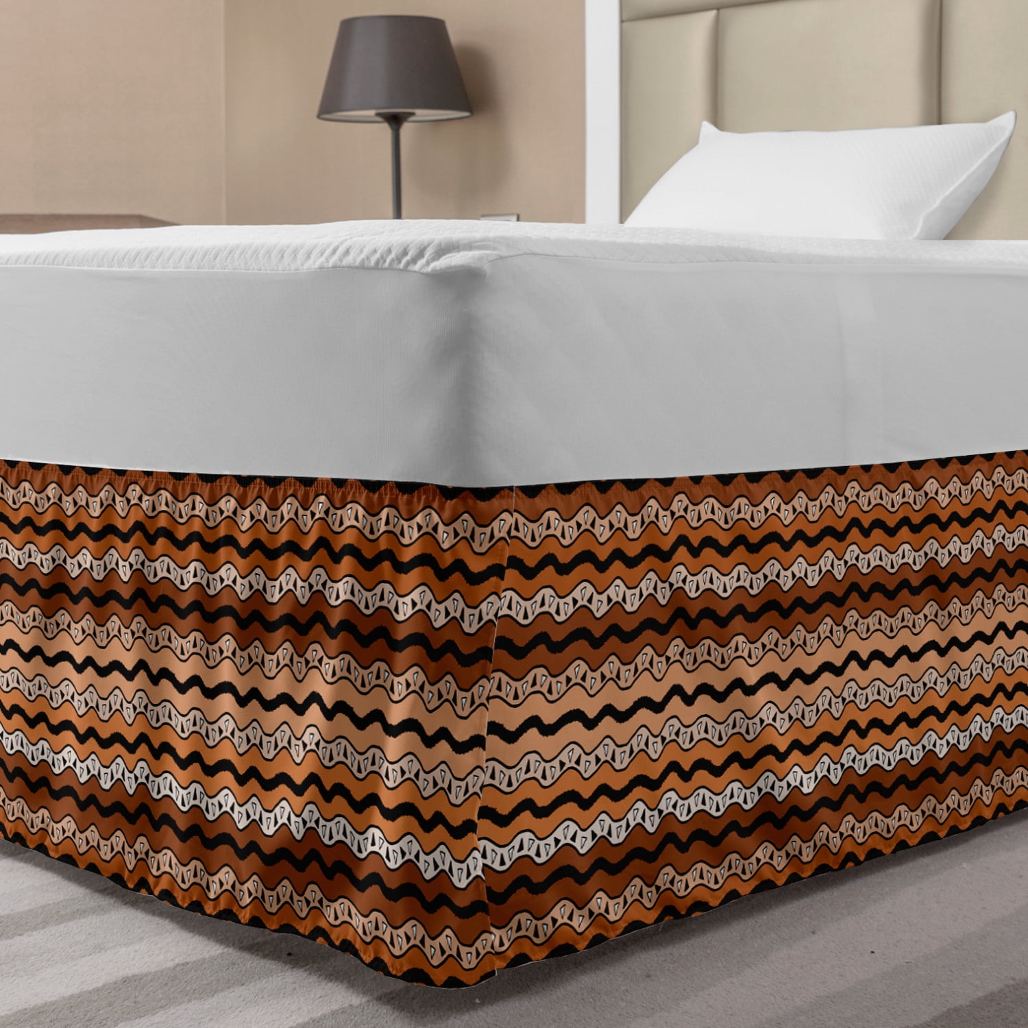 Zambia Bed Skirt, Tribal Pattern with Wavy Lines Geometric Triangles