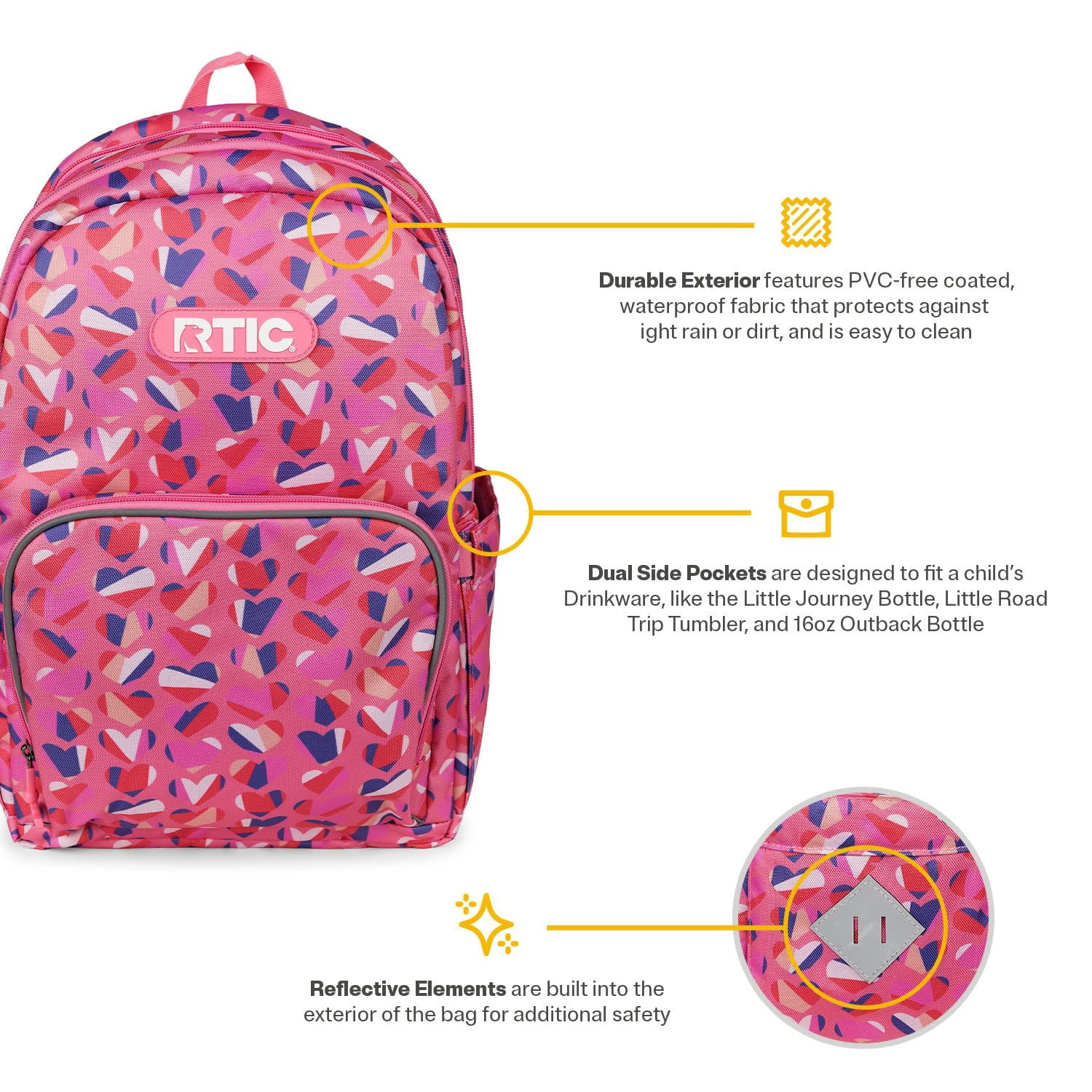 RTIC Pack Snack Set, Day Pack Backpack, Lunch Box, Container, Bottle and Ice Pack, Insulated, Sweet Hearts