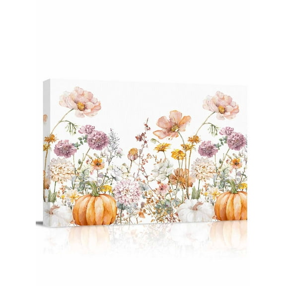 Pumpkin Flowers Canvas Print Wall Art Framed Canvas Art Wall Decor Thanksgiving Pink Wildflowers Watercolor Pictures Painting Morden Artwork for Living Room Bedroom, Ready to Hang - 12"x16"