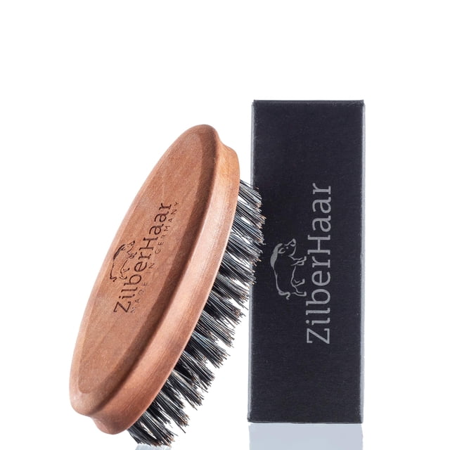 ZilberHaar Cepillo de bolsillo para bigote y barba - Cepillo pequeño con cerdas rígidas de jabalí - Herramienta perfecta para el cuidado de la barba - Alivia el picor de la barba - Corto y mediano - F