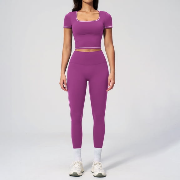 PISONIC Two Piece Workout Sets for Women Color Block Short Sleeve Tee and High Waist Leggings Gym Yoga Active Wear Outfits