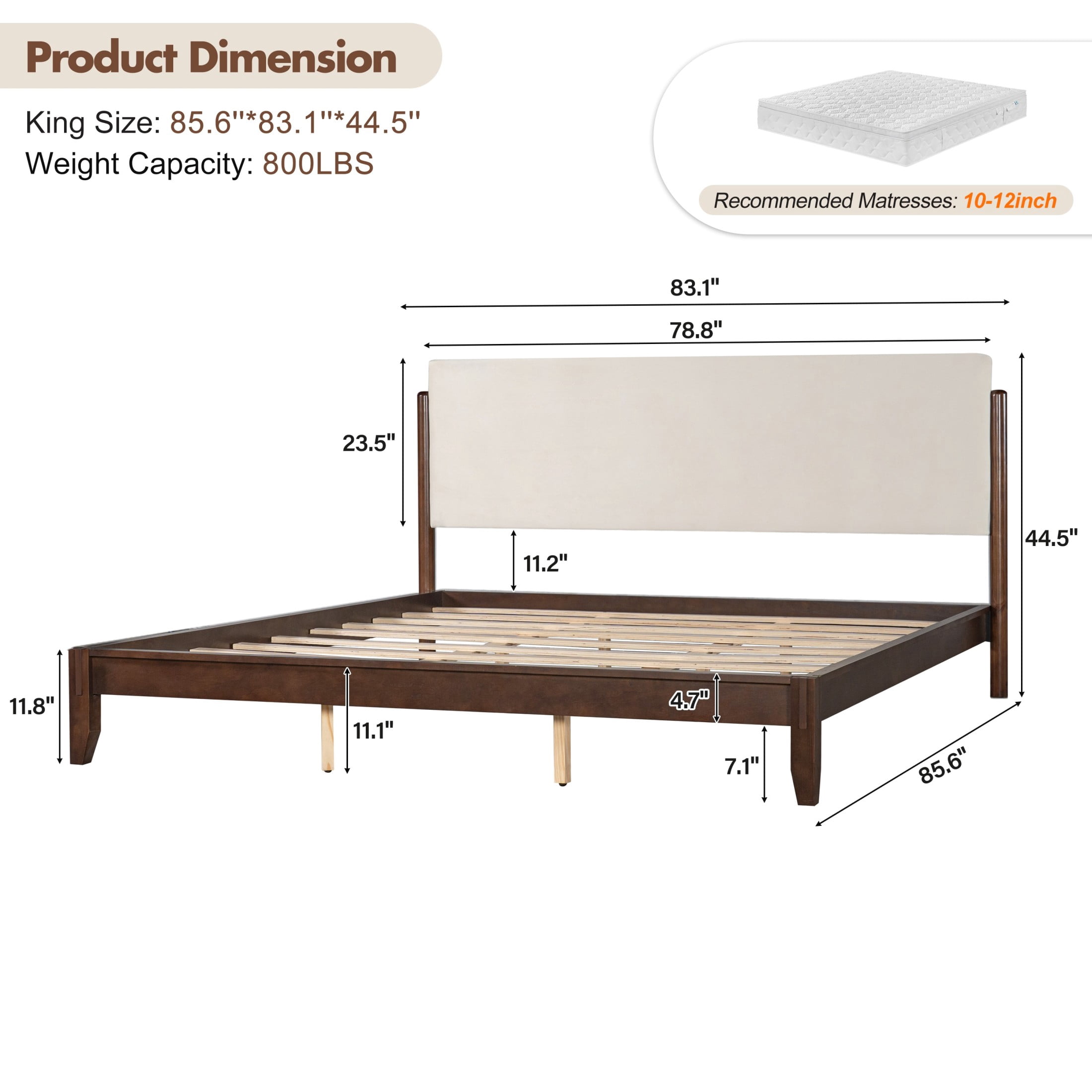 Christopher Knight Home King Solid Wood Platform Bed Frame with Velvet Upholstered Headboard, Walnut