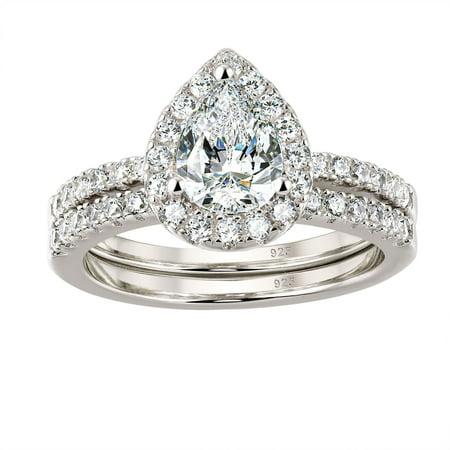 Wuziwen 3Ct Pear Cut Wedding Ring Set For Women Halo 925 Sterling Silver Cubic Zirconia Size 7
