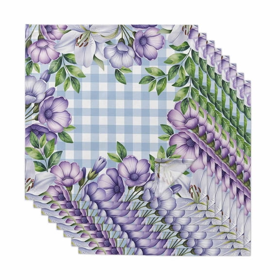 Cloth Napkins Set of 8 - 20x20 Inches, Purple Flowers Washable Reusable Table Napkins, Spring Floral Leaves Plants Blue Plaid Soft & Absortbent Dining Napkin for Party Wedding Hotel Restaurant