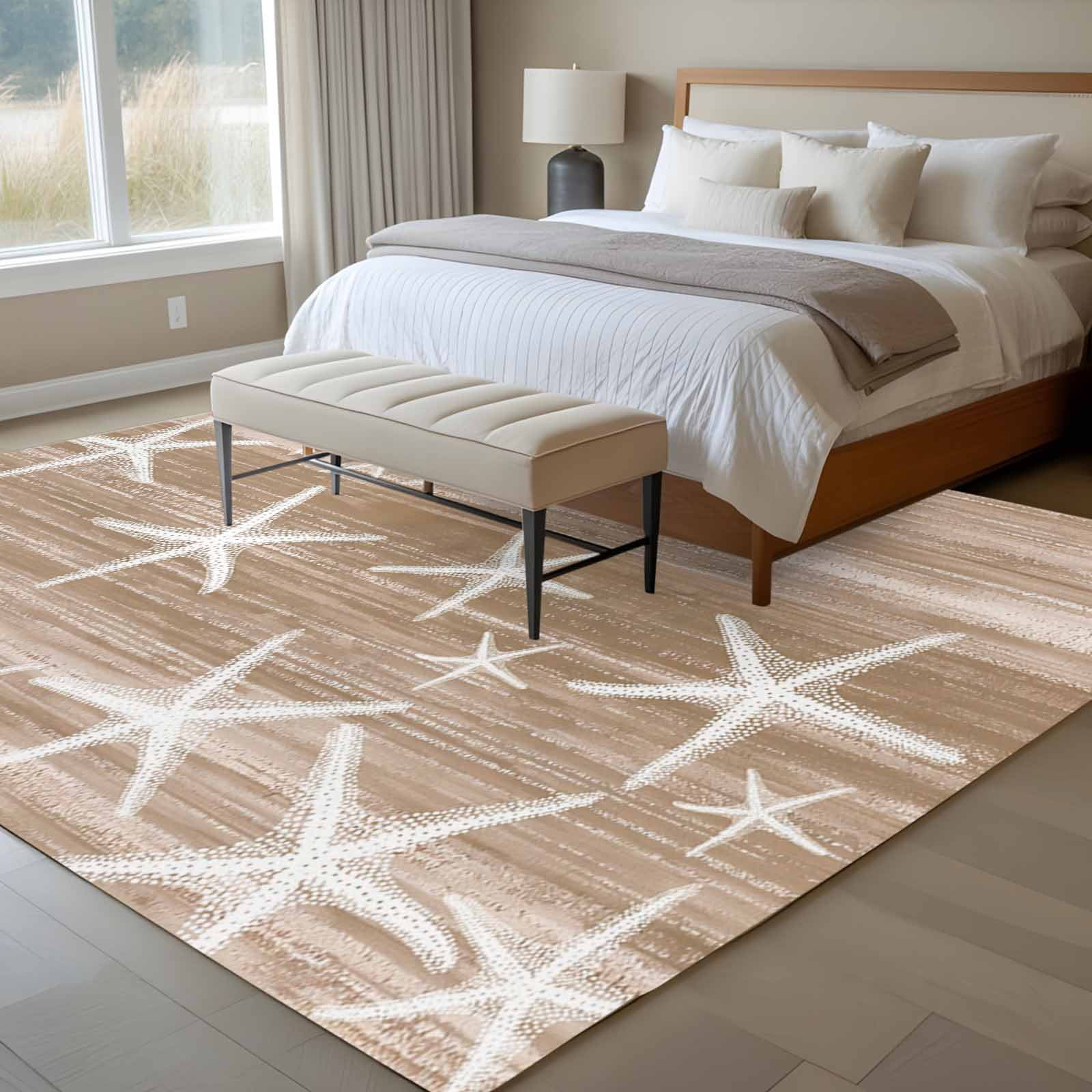 Brown Coastal Area Rugs 8'x10', Washable Small Throw Rugs for Living Room Patio, Summer Ocean Waves Ombre Sea Starfish Indoor Outdoor Rug Non-Slip Low Pile Carpet Runner Reversible Floor Mats