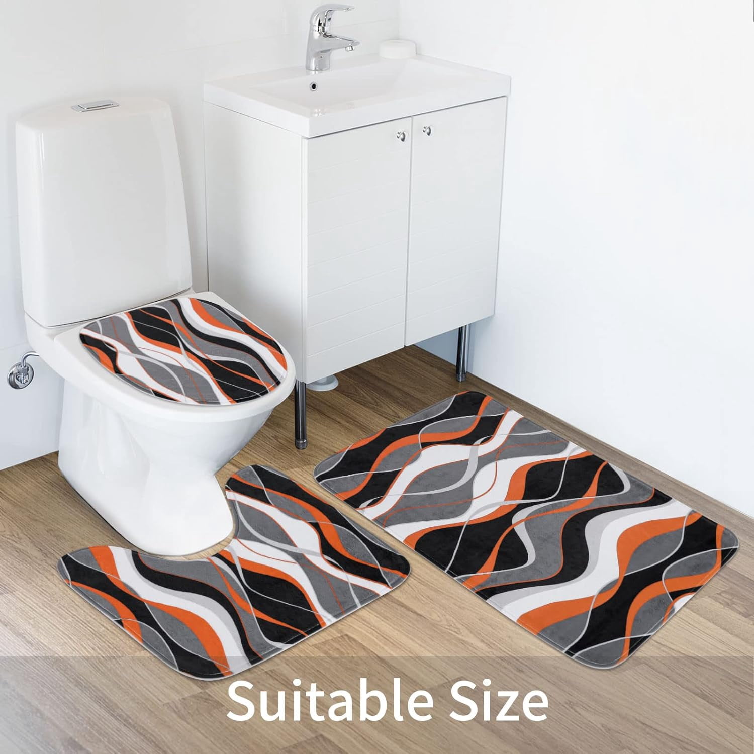 4 Pcs Striped Shower Curtain Sets with Rugs for Bathroom Decor, Grey  Bathroom Sets with Shower Curtain and Rugs, Modern Fabric bathroom decor sets accessories, Orange and Black