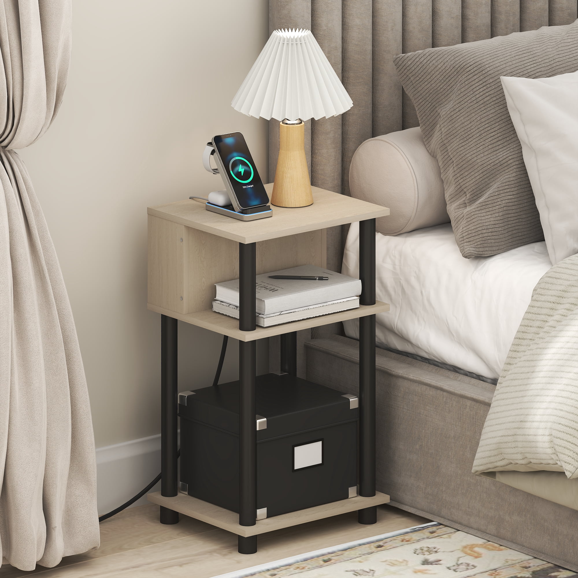 Furinno JUST 3-Tier Nightstand with USB & Type-C Charging Port. Bauhaus Oak
