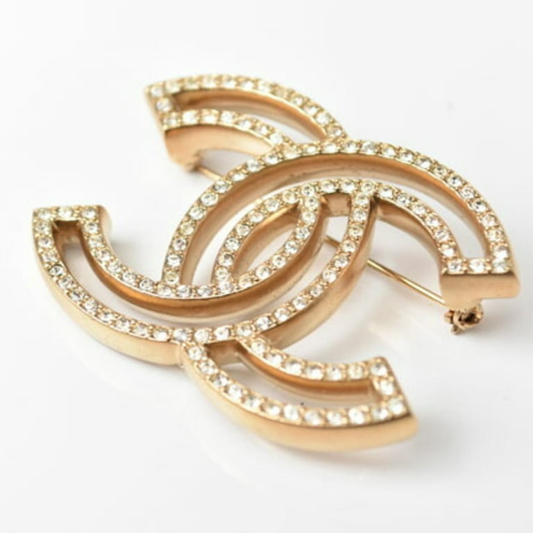 Pre-Owned CHANEL brooch pin here mark rhinestone gold (Good) 
