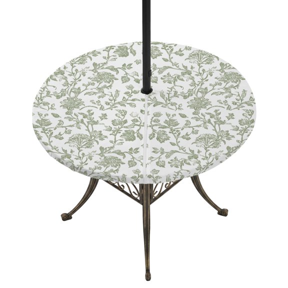 Outdoor Tablecloth with Umbrella Hole and Zipper Sage Green Pastoral Flower Round Fitted Table Cover with Elastic Waterproof Farmhouse Patio Tablecloths for Picnic BBQS Garden Party Fit 55"-60"