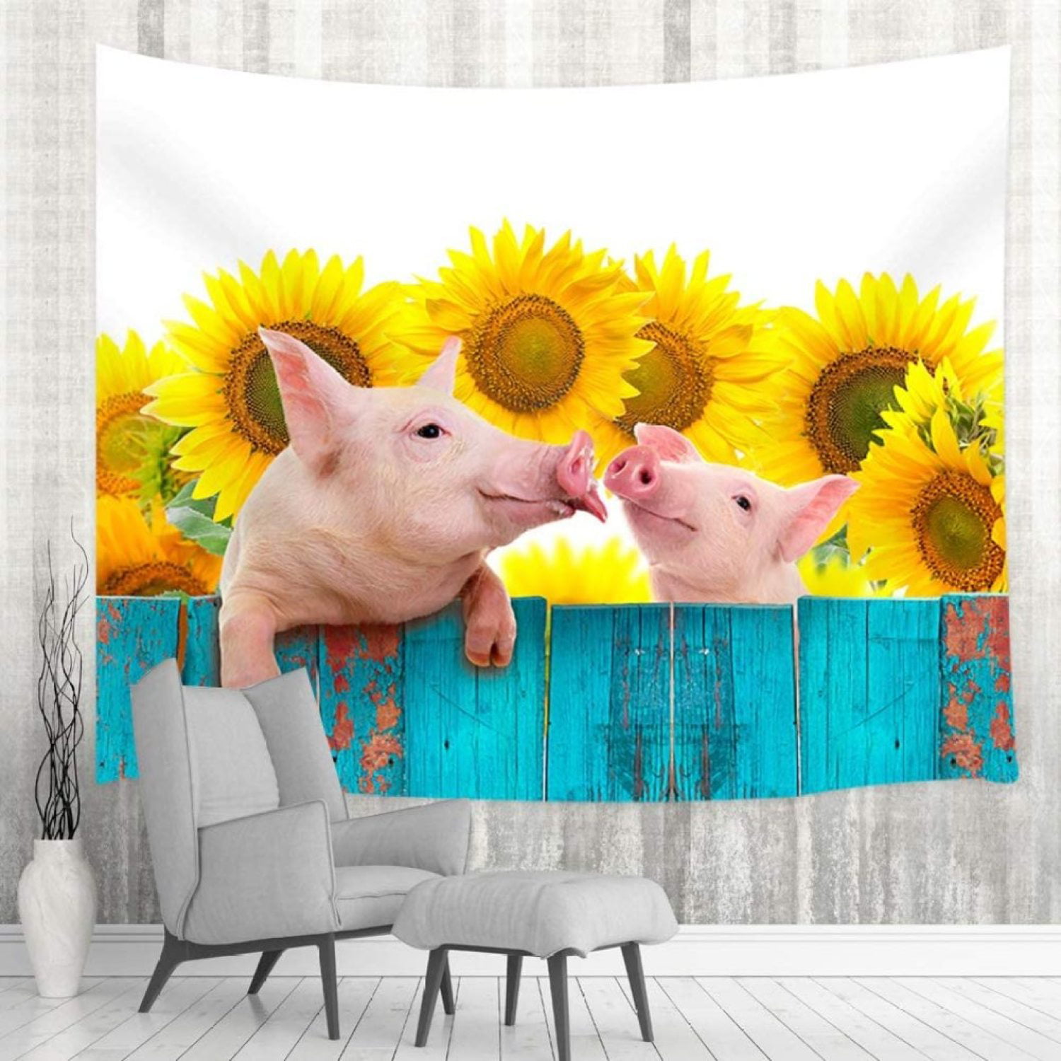 Rustic Country Farmhouse Animals Plant Flowers Tapestry Wall Hanging, Funny  Pig on Rustic Turquoise Wooden Fence with Sunflowers Tapestry Art Home  Decor for Bedroom Living Room College Dorm,60X40in 