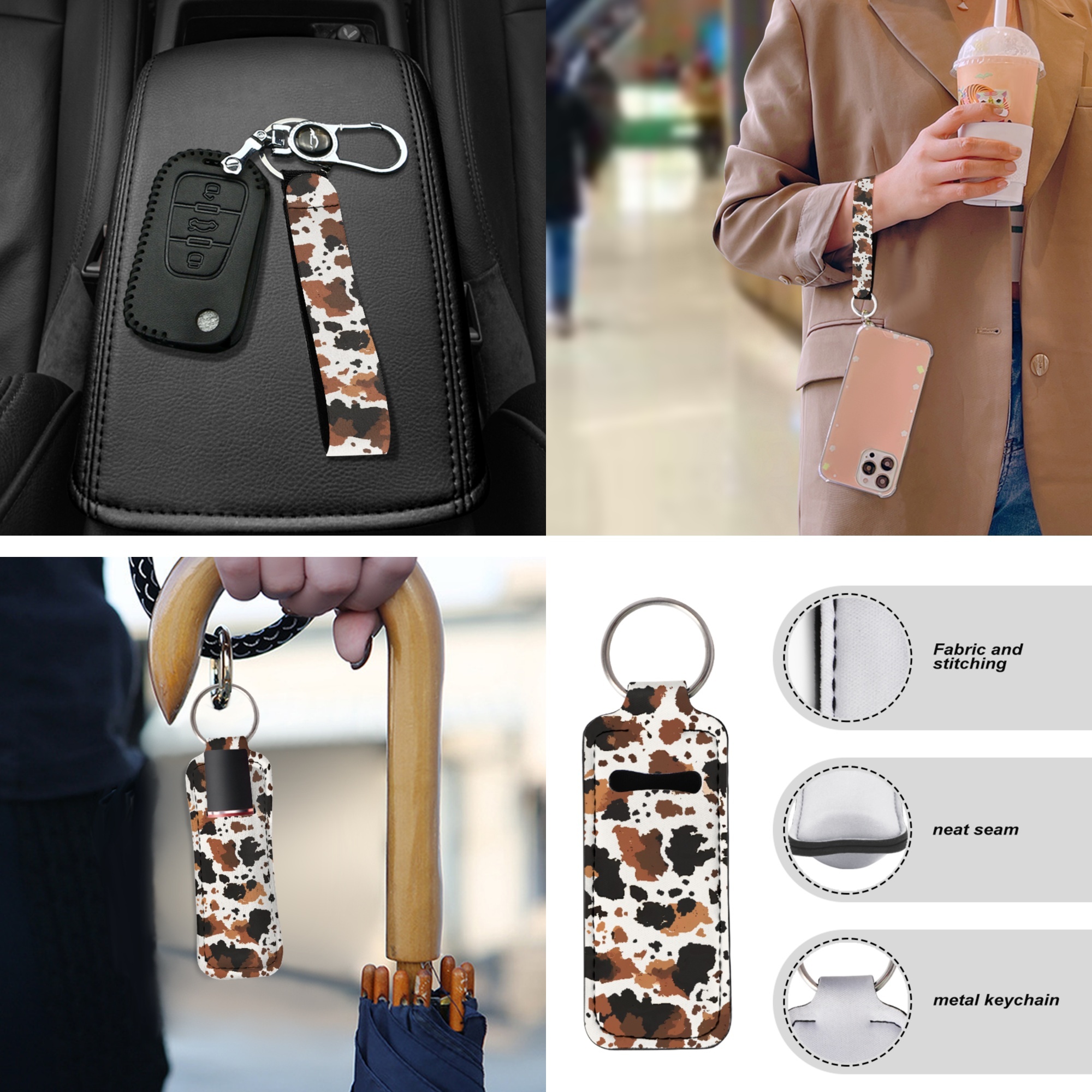 Jeiento Brown Cow Print 13 PCS Car Seat Covers Full Set, with Steering Wheel Seat Belt Covers Center Console Pad Coasters Keychain Lip Balm Holder Auto Accessories Interior Decor Fit for SUV Van