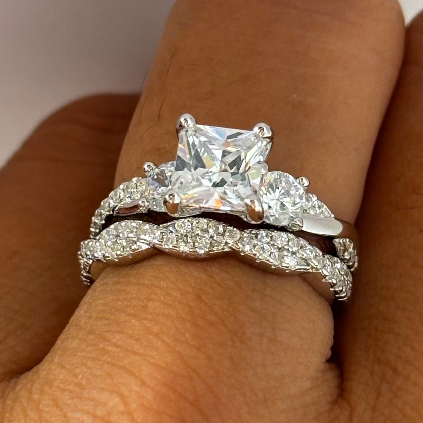 SFTING Engagement Rings for Woman 925 Sterling Silver Three Stone Vintage Princess Cut Promise Wedding Woman Rings 5A CZ Size 7