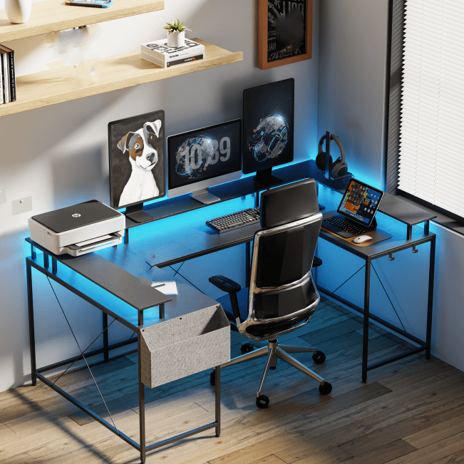 Huisuilinss U Shaped Desk Large Corner Office Desk With Monitor Stands PC Gaming Desk With Power Outlet & LED Lights Reversible L Shaped Computer Desk For Home Office