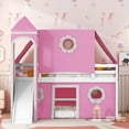 thumbnail image 2 of Euroco Wood Full Loft Bed with Tent and Slide, Castle Bed with Tower for Kids Teens Bedroom, Pink, 2 of 14