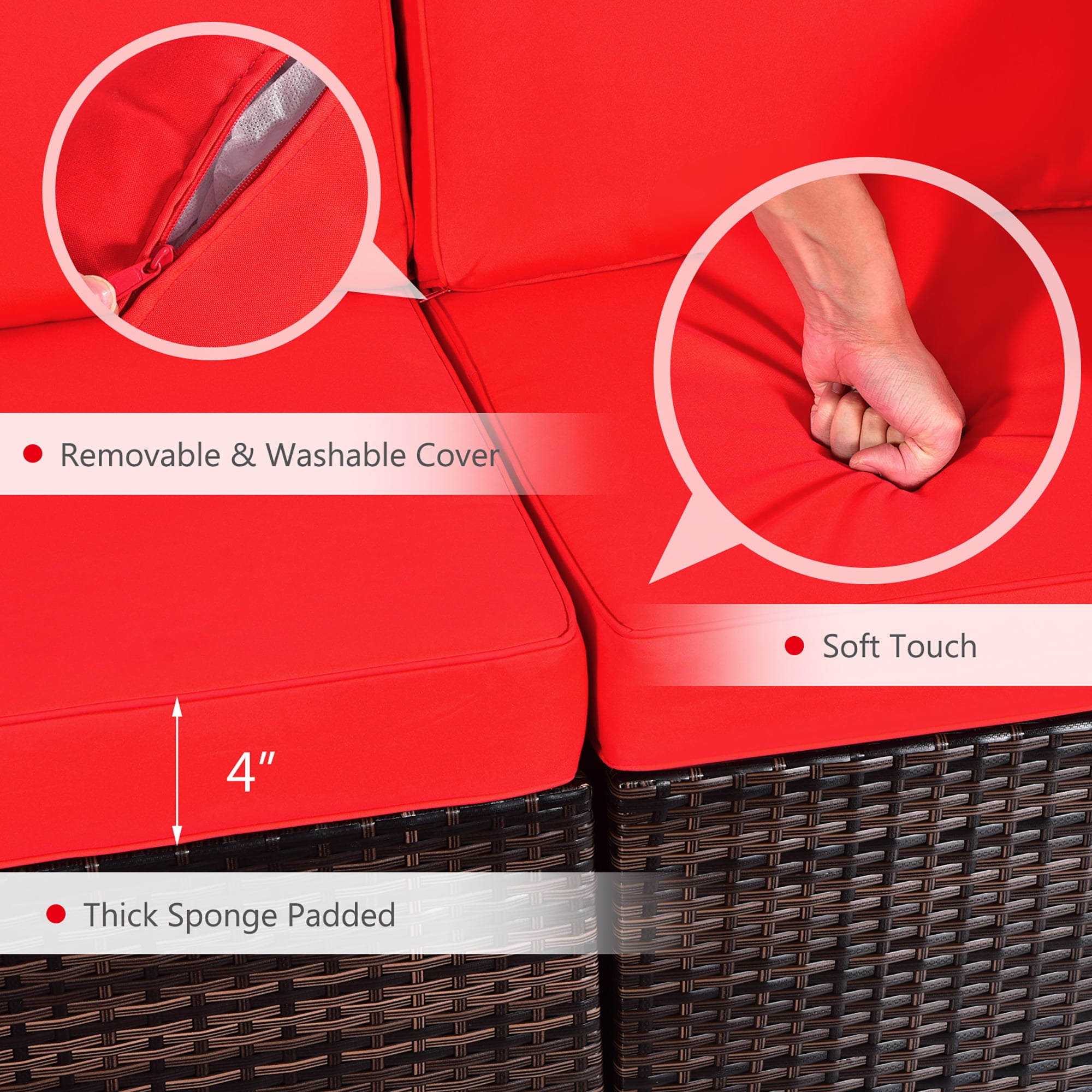 Costway 8PCS Patio Rattan Furniture Set Fire Pit Table Tank Holder Cover Deck Red