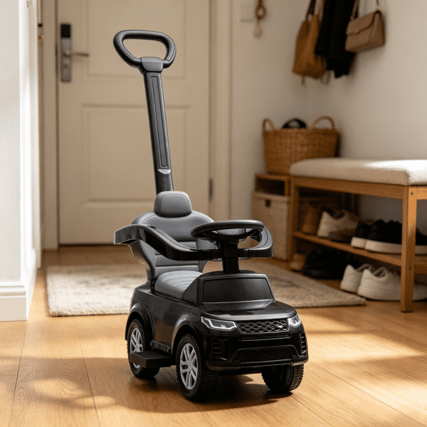 2-in-1 Baby Push Car & Ride-On, Push Handle with Safety Guardrail, Black