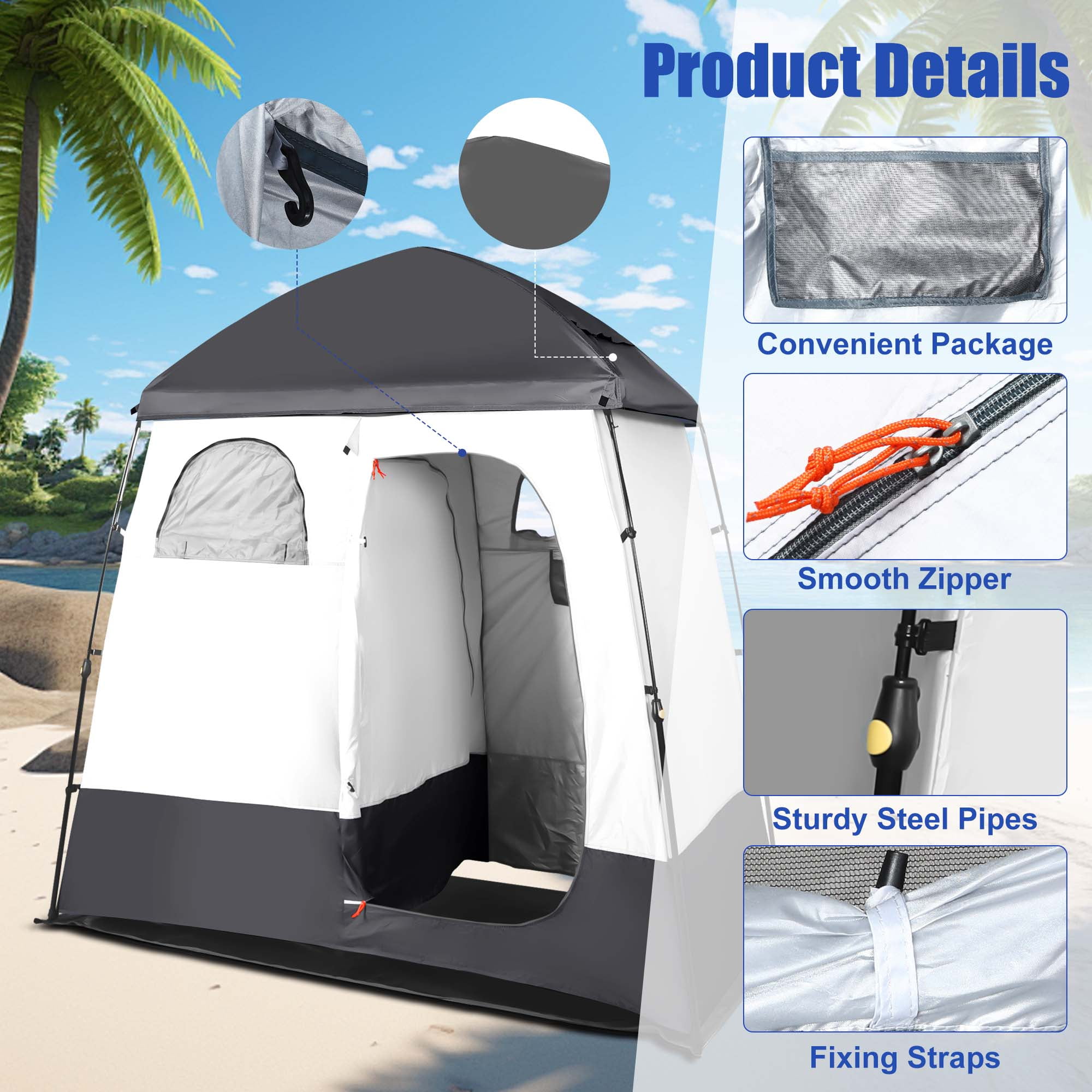 GVDV Camping Shower Tent, 2 Rooms Oversize Outdoor Portable Shelter, Privacy Tent with Detachable Top, 87" x 47" x 87"
