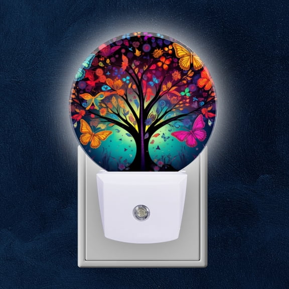 Round LED Night Lights Lamp with Dusk to Dawn Sensor, Colorful Tree Of Life With Butterflies Night Light Plug Into Wall for Kids Room, Bedroom, Bathroom, Kitchen, Hallway