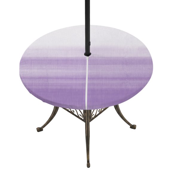 Round Outdoor Tablecloth with Umbrella Hole and Zipper, Purple White Ombre Tablecloth with Elastic Waterproof, Modern Romantic Gradient Stripes Patio Table Covers for 36" - 44" Picnic Pool Tables