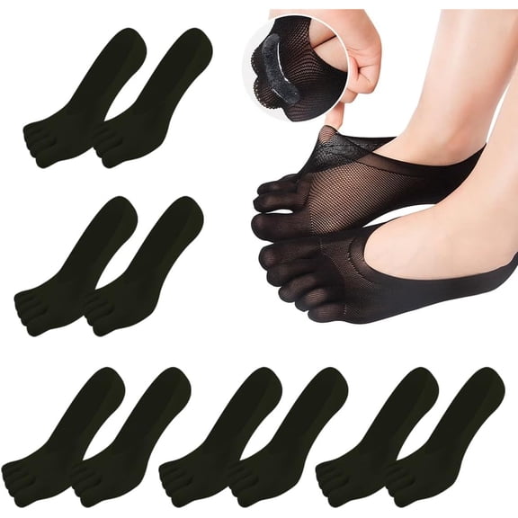 MOAMUN 5 Pairs Thin Toe Socks for Women, Breathable Non-Slip Ladies Compression Socks with Silicone Strip, Soft Toe Separator Sock Low Cut Ankle Sock for Girls Women (Black,Size4-8)