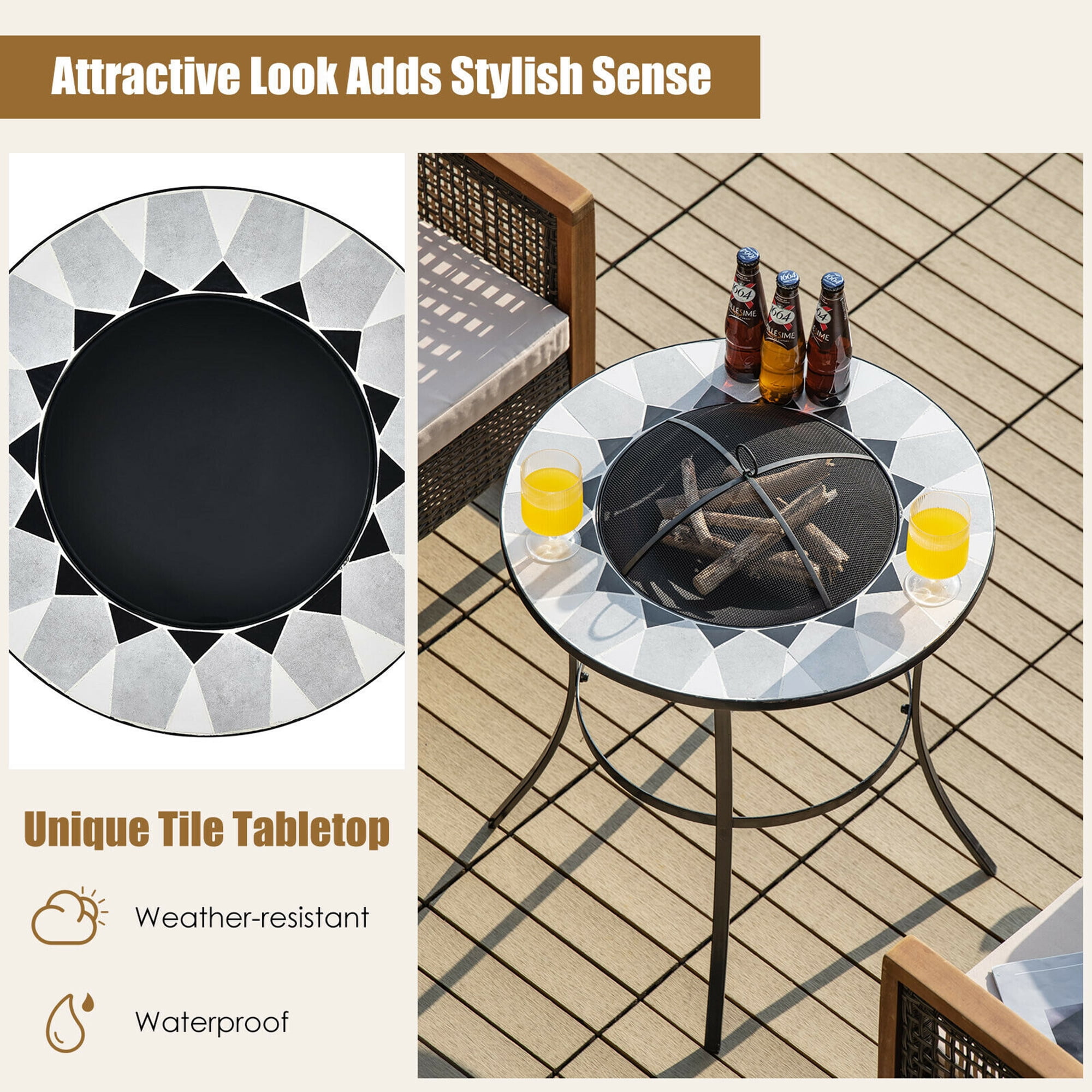 Gymax 23.5'' Round Fire Pit Table Wood Burning Heater W/ Mesh Cover & Fire Poker