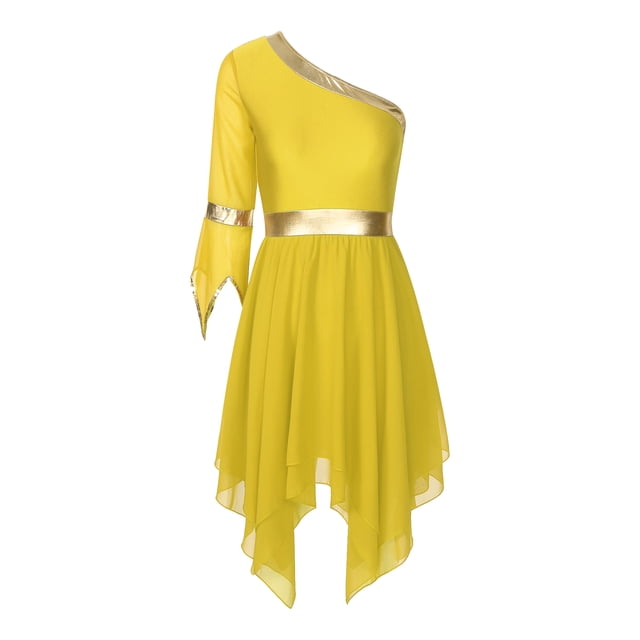 Raenseen Costume de Danse Lyrique pour Femmes Tunique Superposée à Paillettes Robe de Danse Jaune G