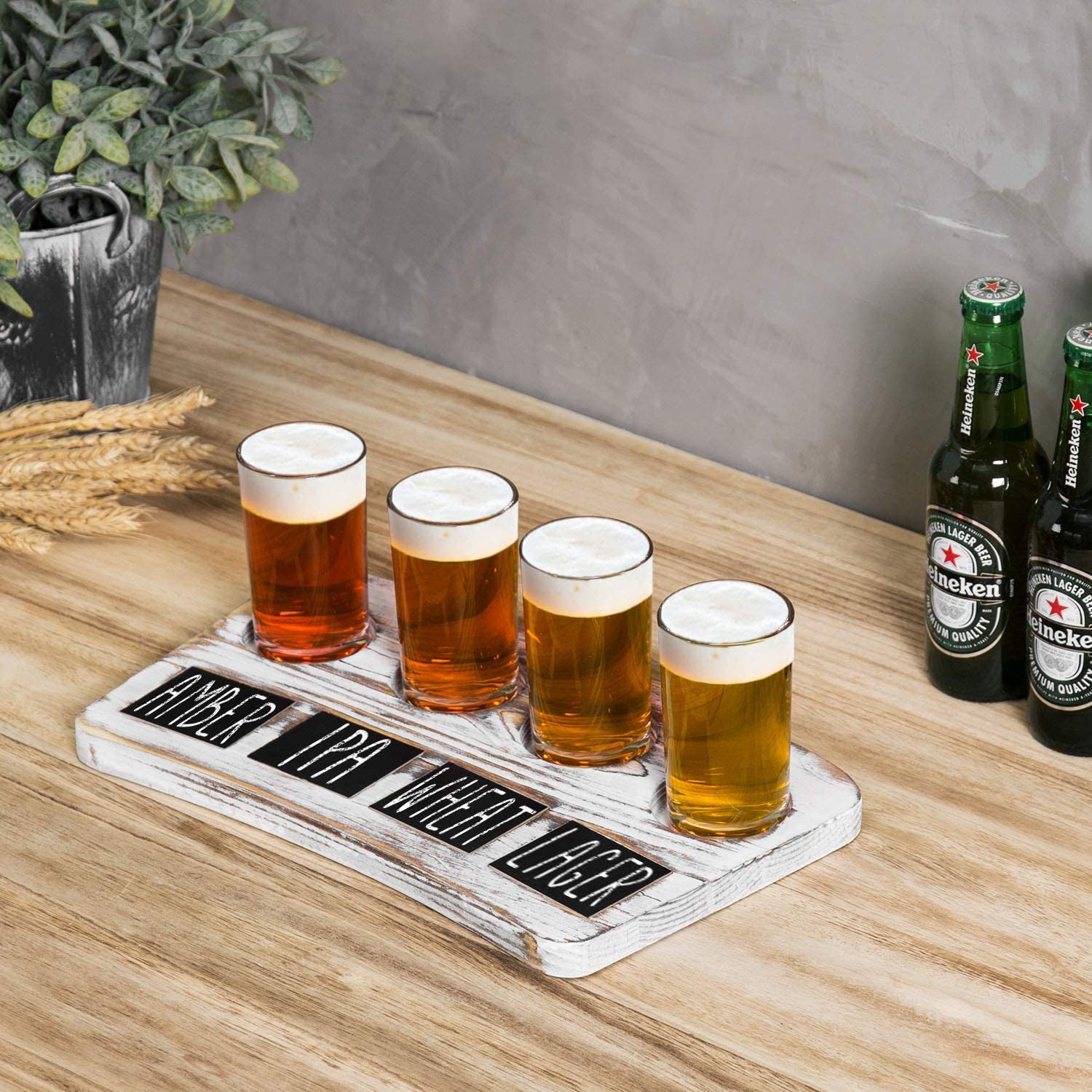 MyGift 4-Glass Whitewashed Wood Beer Flight Sampler Serving Tray with Chalkboard Labels - image 4 of 7