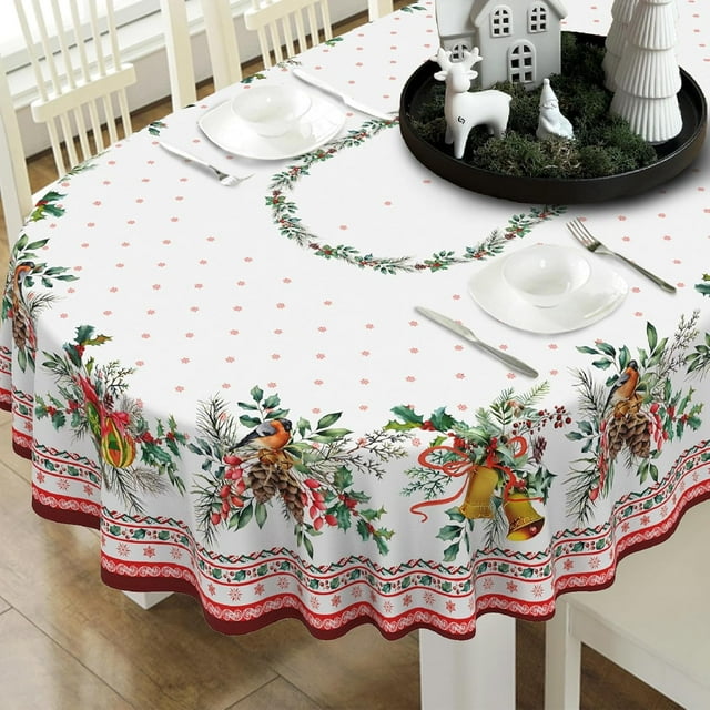 Christmas Tablecloth Holly Christmas Table Cloth, Washable Table Cover for Xmas Holiday, Dining, Party Decor - 60" X 120" Oval