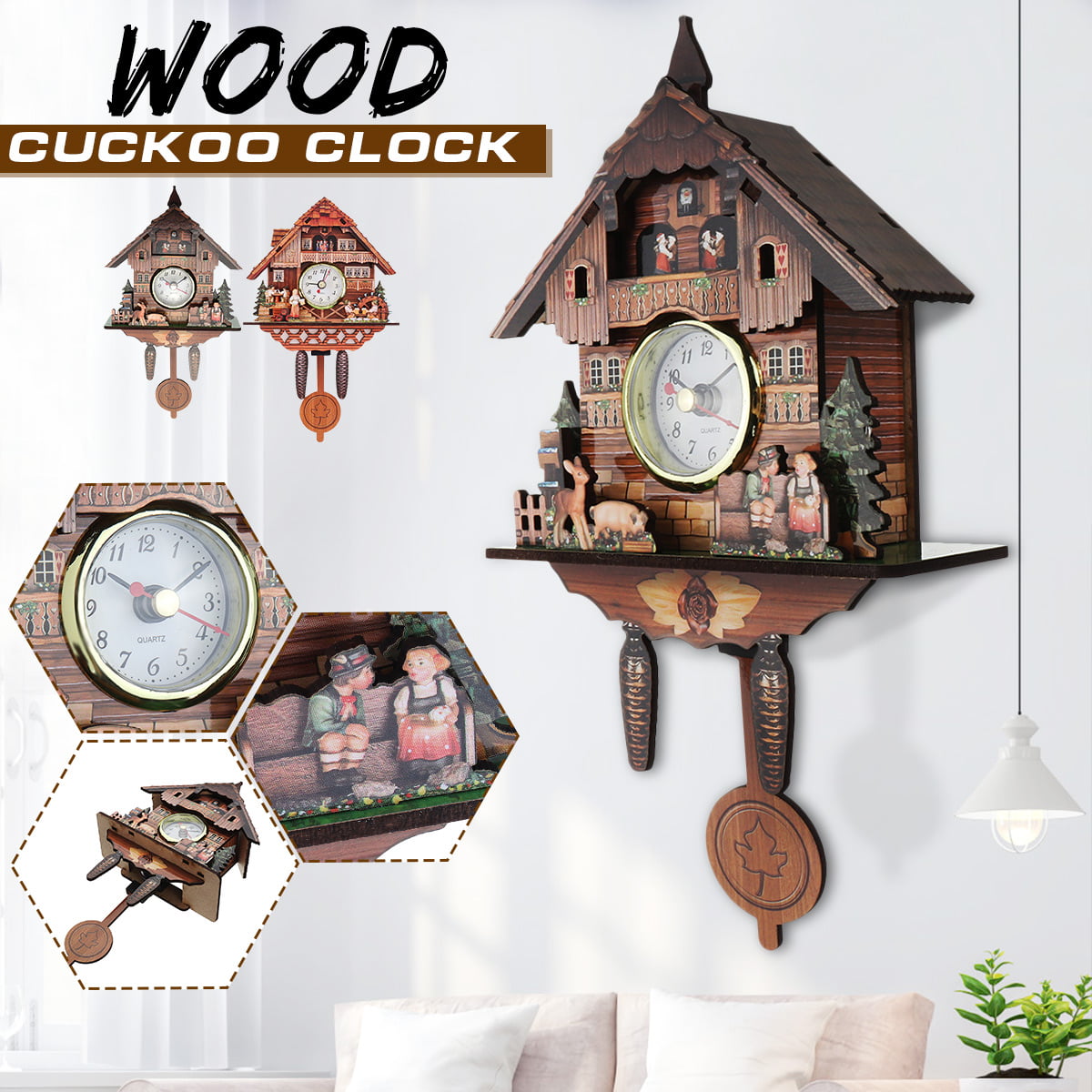 Vintage Handcraft Wood Cuckoo Wall Clock Tree House Auto Swing  Art Home Decor ！ 