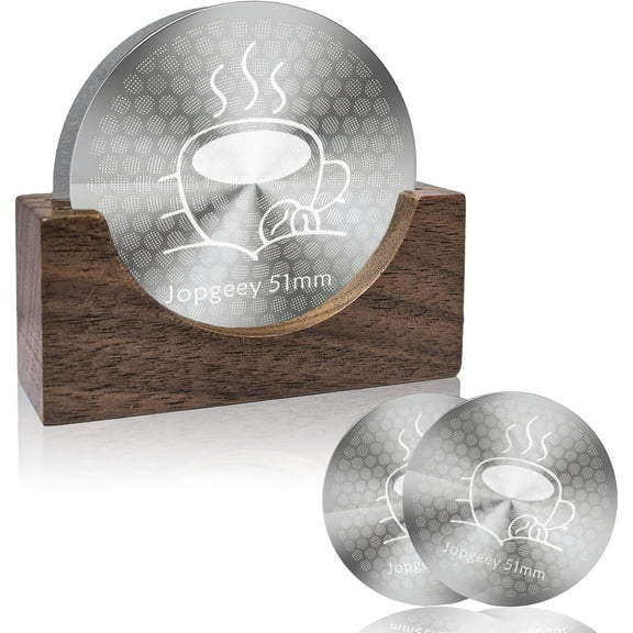 2 Pack 51mm Espresso Puck Screen with Stand, 0.9mm 150μm Ultra Thin Reusable Coffee Filter Compatible with Breville Barista 51mm Portafilter Basket, 304 Stainless Steel Espresso Machine Accessories