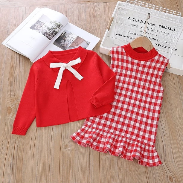 Conjunto de dos piezas de suéter sin mangas con volantes de estilo occidental para niñas de 1 a 6 años, suéter y falda para niñas