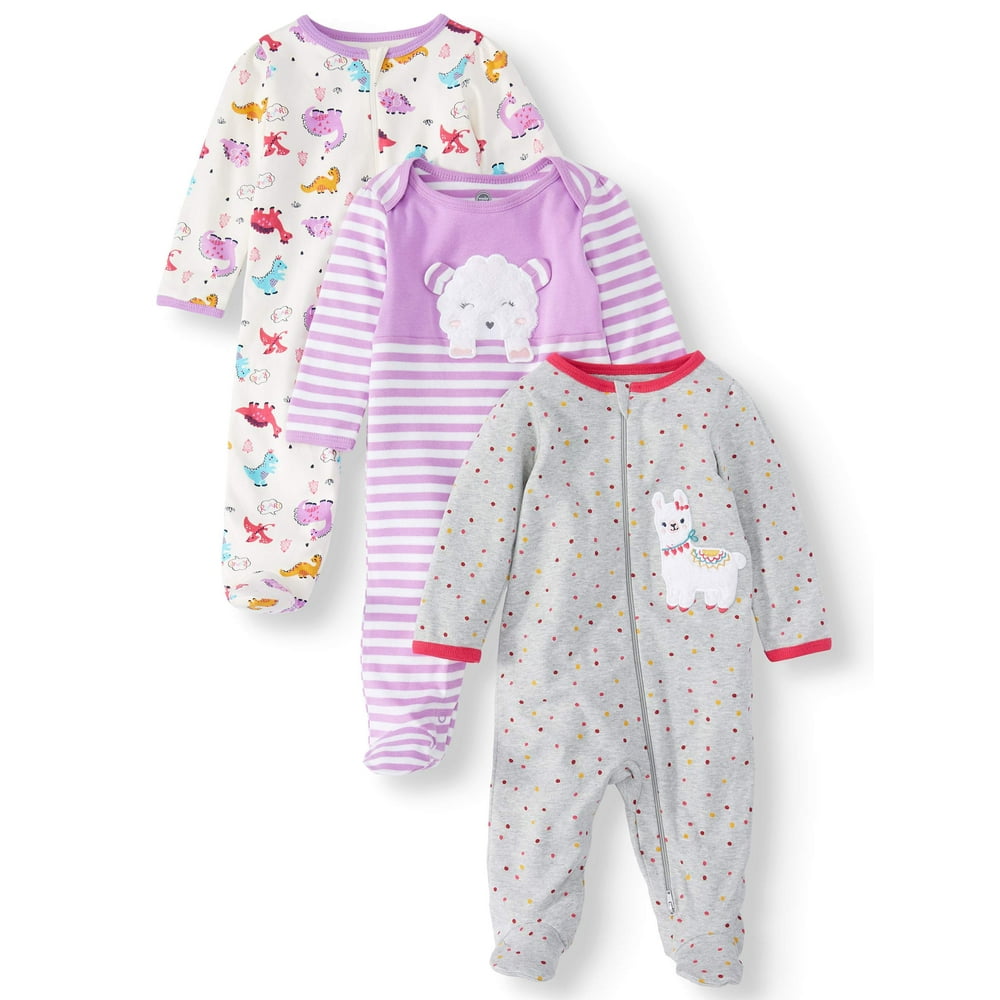 Wonder Nation Baby Girl Inverted Zipper Sleep 'N Play Pajamas, 3Pack