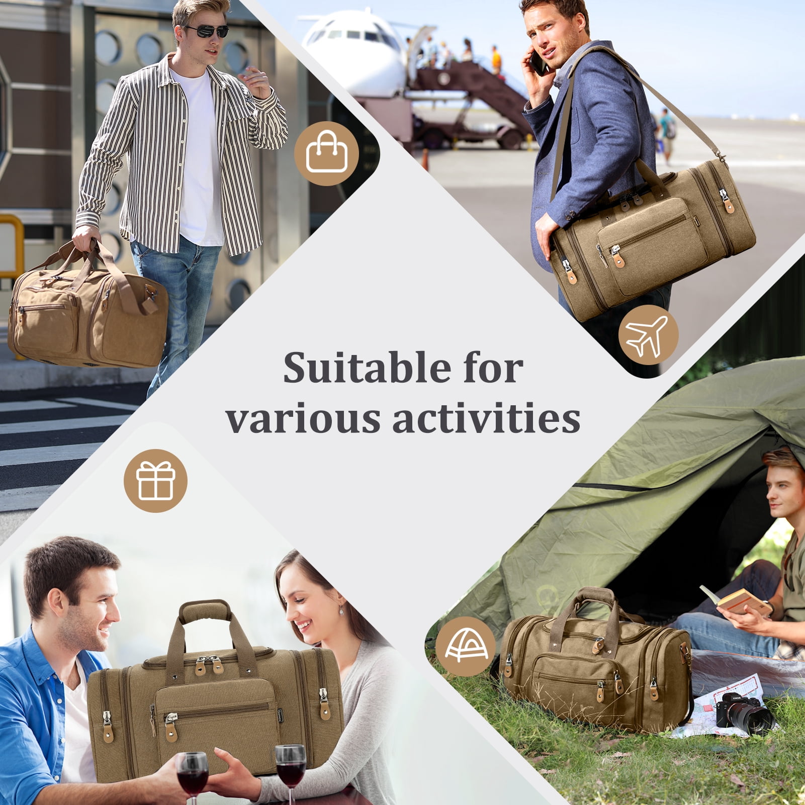 Gonex 60L Canvas Duffel Bags 26" Expandable Travel Overnight Weekender Bag for Men Women
