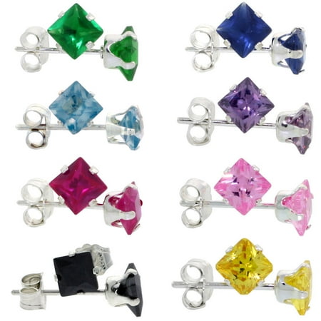 Ruby Emerald Coral Garnet Pearl (8 Color Set Sterling Silver Cubic Zirconia Square Earrings Studs 0.5 carats/pair Emerald, Blue Sapphire, Blue Topaz, Amethyst, Ruby, Pink, Black &)
