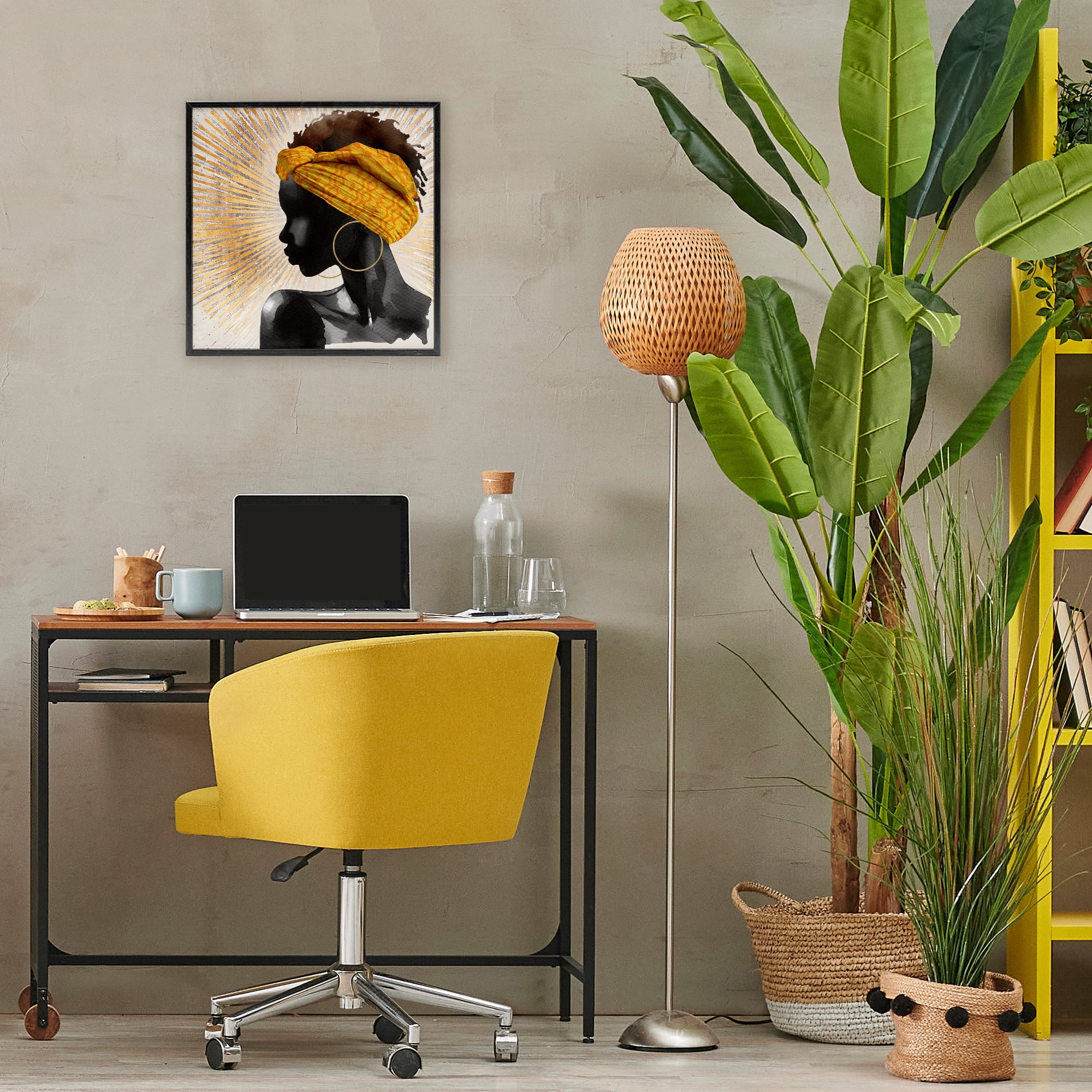 Stupell Industries Golden Sunburst Profile with Headwrap Black Framed Giclee Art, design by CAD Designs