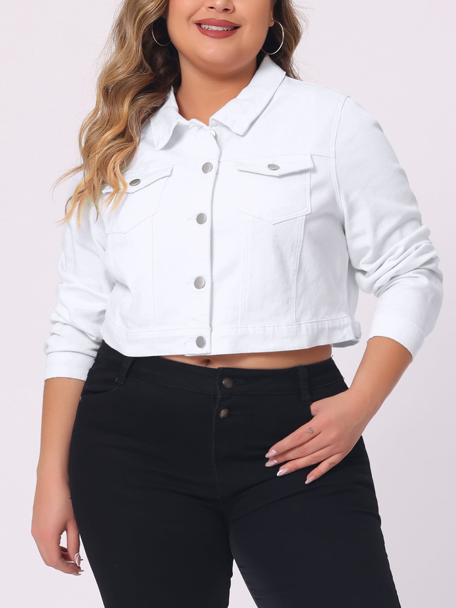 DARING DIVA Women's Plus Button Closed Cropped Denim Jacket 6X White