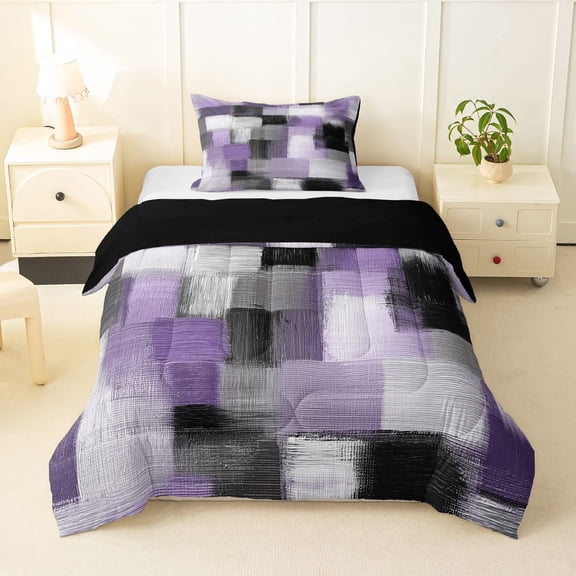 Homewish Watercolor Grid Twin Comforter Sets,Vintage Abstract Bedding Set,Purple,Black Reversible,2pcs,1 Comforter and 1 Pillowcase