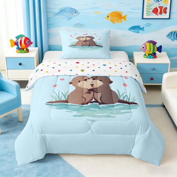 Manfei Cartoon Otter Couple Love Heart Twin Comforter Sets for Kids Boys and Girls, Animal Print Bedding Set, Polka Dots Reversible 2pcs, 1 Comforter and 1 Pillowcase