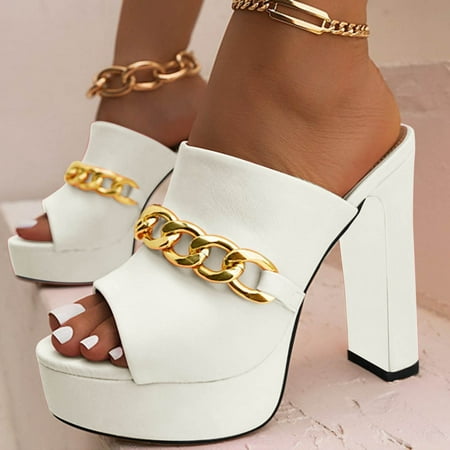 

PhoneSoap Ladies Fashion Decorative Solid Color Metal Chain Heel High Heel Fish Mouth Sandals White