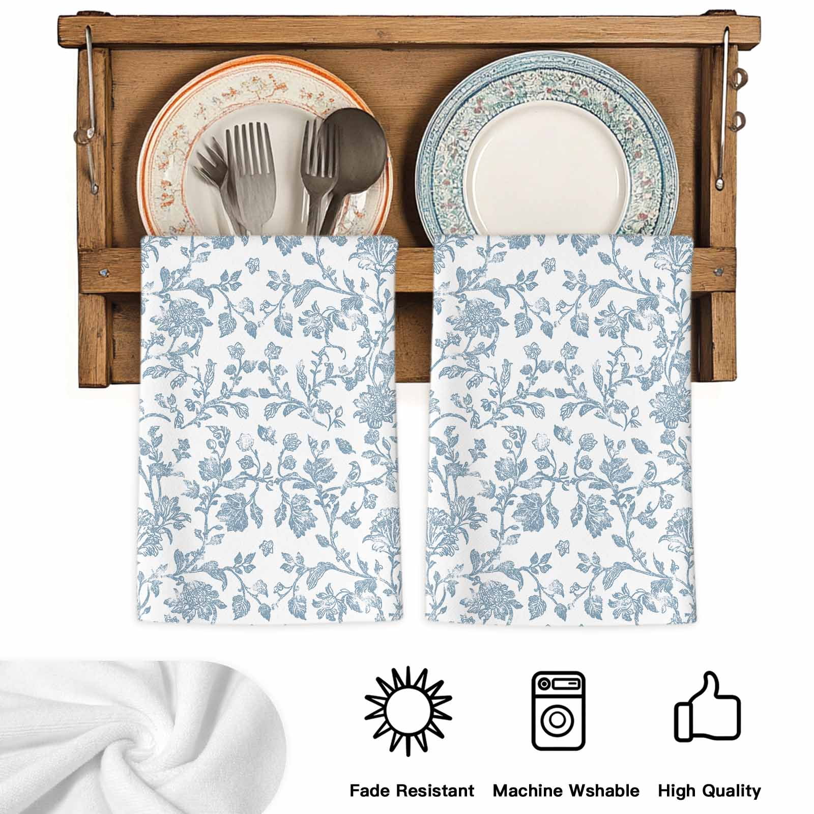 Light Blue Flower Kitchen Towels Set of 4, Vintage Farmhouse Boho Leaf Spring Soft Microfiber Dish Towels, Absorbent Quick-Dry Washable Dishcloths for Kitchen Cleaning, Drying Dishes, 18x28 Inches